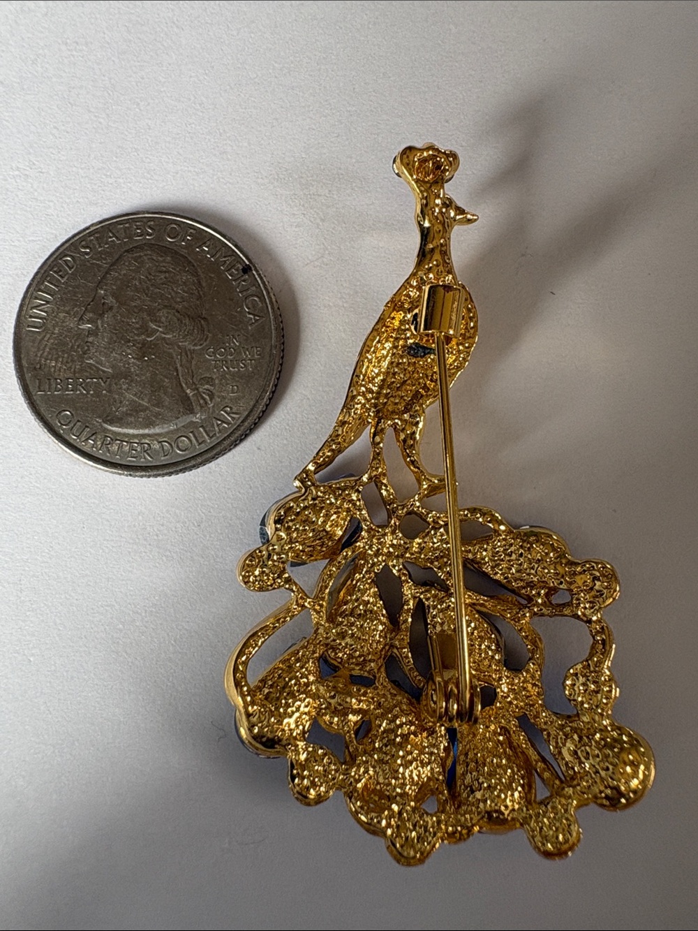 Gold Peacock Brooch with Royal Blue Crystal Accents - Picture 3 of 3